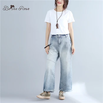 BelineRosa Plus Dimensiunea Femei Pantaloni Denim Decolorat Vrac Balsam Elastic Talie Pantaloni Largi Picior [Anna Foarte Recomandat] BSDM0072