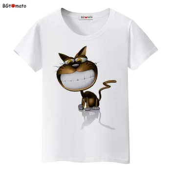 BGtomato minunat zâmbind fata cat tricou femeie de desene animate 3D de mare pisica amuzant tricou Brand de bună calitate, confortabil moale tricouri