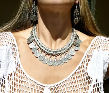 Boem Etnice Antalya Yonca De Argint Turcești Tigan Boho Coachella Plaja Cravată Salopete Monedă Colier Femei Bijuterii