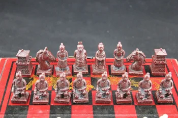 Chineză 32 de piese de sah set/cutie/Xian Terracota Războinic Decoratiuni de Gradina reale Argint Tibetan Alama