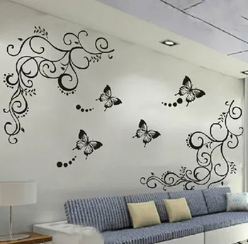 % Clasic negru fluture floare de viță de vie pentru Salon de perete decal decorative adesivo de parede detașabile din pvc autocolant de perete dormitor