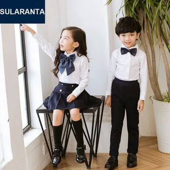 Copii din Bumbac Japoneză Student Uniforme Școlare Set Costum pentru Fete, Băieți, Cămăși Albe, Bleumarin Fusta Pantaloni Lega Haine