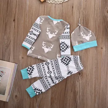 Copil Haine de Crăciun Set Nou-născut Copilul Fete Băiat Cerb Bluze T-shirt, Pantaloni Lungi și Pălărie Tinutele Set 3pcs