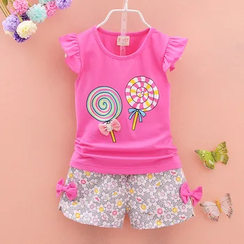 Copil nou-născut Fete Haine de Vară Lollipop cu Mânecă Scurtă T-shirt, Blaturi + Floral pantaloni Scurți de Îmbrăcăminte pentru Sugari, Copii Bebes Costume de Jogging