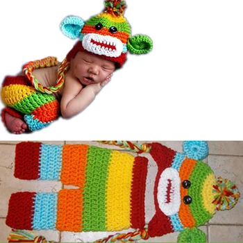 Copil Pălărie Pant Set Băiețel Nou-născut Croșetat Tricot Sock Monkey Capac Cu Ureche-Lambouri Fotografie Propunerii pentru Băieți și Fete D
