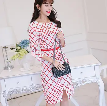 Coreean Primavara Toamna femei rochie de îmbrăcăminte subțire show subțire rochie bodycon maneca drăguț roșu alb carouri mijlocul rochie de moda Vestidos