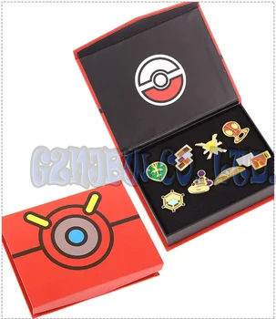 Cosplay Pokemon: Kanto Liga Sport Insigne Set de 8 Pini din Metal Gen 1 Brosa + Cutie Indigo/Johto/Kalos/Unova/Hoenn/Sinnoh League
