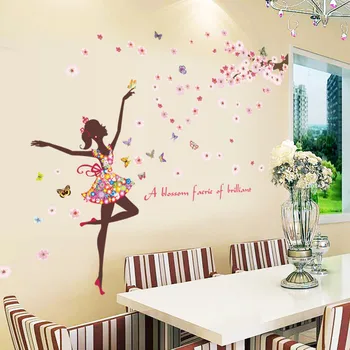 Dans fată floare care zboară fluturi autocolante de perete pentru camere de copii, living decor acasă desene animate pvc decalcomanii de perete diy arta murala