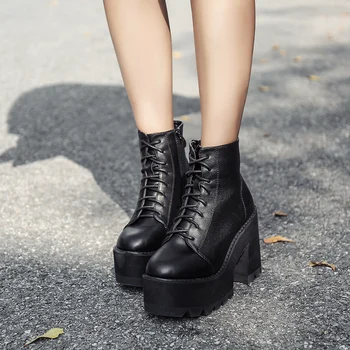 Dantelă sus Cizme 2018 Moda Toc Gros Cizme Glezna Femei Tocuri inalte Toamna Iarna Femei Pantofi cizme negre pantofi platforma YMA62