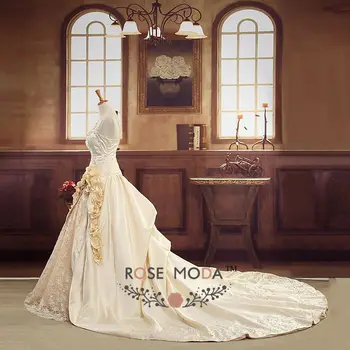 De lux cu Sampanie Gold 3D Trandafiri Nunta Regală Rochie de Bal Tren Catedrala Complet Broderie Corset Biserica Rochie de Mireasa Poze Reale