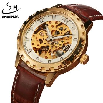 De lux SHENHUA Brand Unic Mens Automatic Ceasuri Mecanice Schelet Gear Cadran Real Bandă de Piele Ceasuri Pentru Bărbați, cele mai Bune Cadouri