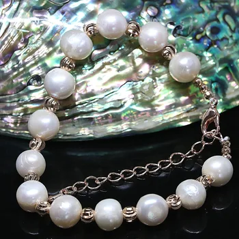 De vânzare la cald 9-10mm alb natural de apă dulce pearl brățară rotundă a crescut de aur-top de culoare accesorii de calitate bijuterii de 7.5 inch B1413