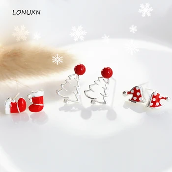 De vânzare la cald argint 925 Drăguț Animale desene animate de Crăciun pălărie copac Bijuterii Farmec cercei stud pentru femei cadouri prietena