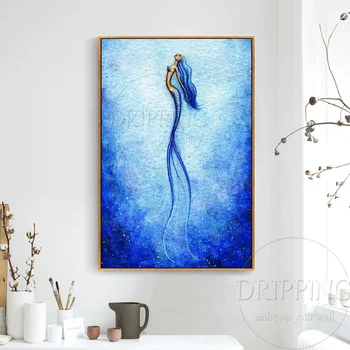 Design unic, de Mână-pictat Fundal Albastru Special Animale Sirena Pictura in Ulei pe Panza Sirenă Frumoasă Pictură în Ulei