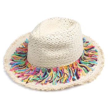 [DIFANNI] Femei de Vara Rafie Pălării de Paie Doamnelor Elegante Plajă, Pălării de Soare Margine Largă Protecție UV Casquette colorat Cu Ciucure