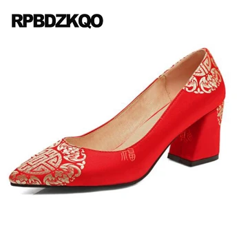 Dimensiune Bloc 4 34 Ieftine Roșu Pantofi Cu Tocuri Ascuțite Toe Femei 3 Inch Broderie Pompe De Satin Brodat Nunta 2017 Chineză