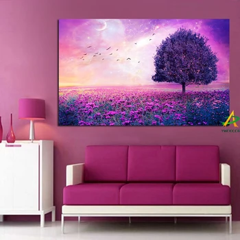 Dimensiune mare Copac de pe Violet Flower Sea Creative Panza Pictura Pasăre Cer pe Panza Peisaj de Arta de Perete Tablou Living Decor Acasă