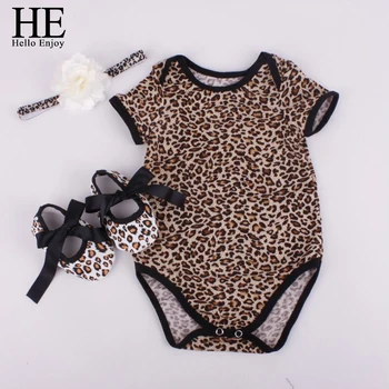 EL Salut Bucura de fetita haine de seturi de nou-născut scurt Leopard cereale baby body (Short sleeve romper + banda de păr+ pantofi)