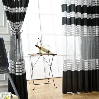 Elegant Negru Stofa din Poliester Alb Modern, Simplu, cu Dungi Dormitor Pur Fereastră Perdele pentru Living Tul Cortina