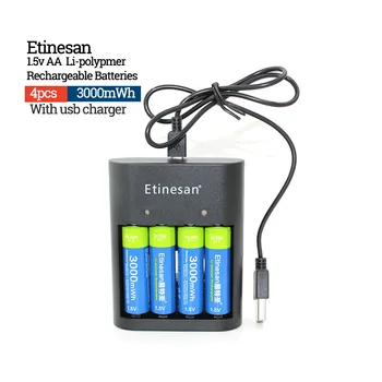 Etinesan 1.5 v 3000mWh Li-polymer li-ion Reîncărcabilă litiu baterie AA baterii + 4 sloturi Încărcător