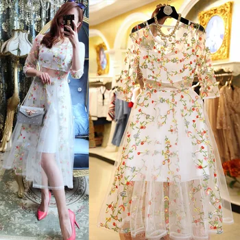 Europa și Statele Unite ale americii retro rochie de vara floral Mesh broderie de dimensiuni mari rochie de femei 2017 vara noi TB7601