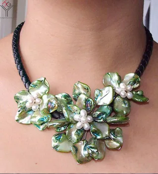 Femei Bijuterii naturale alb perla verde stralucitor 3 flori pandantiv cochilie de sidef colier negru din piele de 18