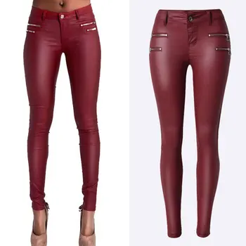 Femei Blugi Skinny Sexy Talie Joasa Vin Roșu Stretch jeans Faux din Piele PU Subțire de Creion Pantaloni