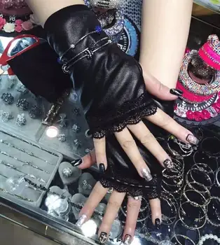 Femei culoare negru elastic din piele patchwork mănușă de dantelă doamnei degete sexy mănușă R316