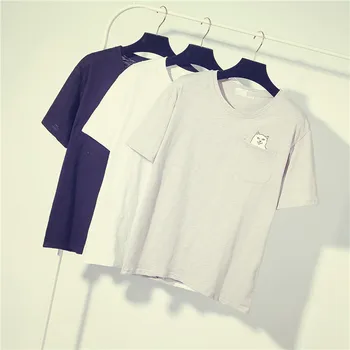 Femei T Shirt 2018 Stil de Vara T-shirt de Imprimare Negru de Buzunar Cat Harajuku O-gat Maneci Scurte din Bumbac Cuplu Tee Plus Dimensiune