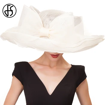 FS Elegant Negru Bej-Alb Lenjerie de Pălării de Nunta Femei Bowknot Mare Margine Largă Palarie Fedora Sinamay Femei Kentucky Derby Hat