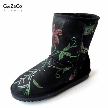 G&Zaco De Lux Piele De Oaie Cizme De Zapada Broderie De Imprimare Negru Femei Impermeabil Lână Cizme Jumătatea Vițel De Blana De Oaie Plat Pantofi De Iarna