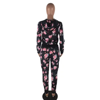 Gluga Trening Femei Spring Leisure Suit Maneca Lunga Imprimeu Floral Fermoar Jacheta Haina + Pantalon Două Seturi De Piese De Costume De Trening Femei