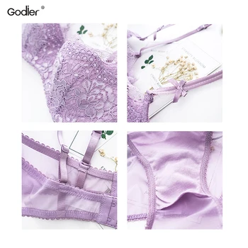 Godier 2017 Noua Moda Femei Sexy Lace Bra Set Scurt Plus Dimensiune Înapoi Bretele bralette 3/4 Cana de Lenjerie pentru femei, talie Joasa chilotei