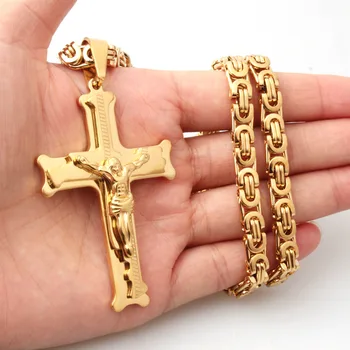 Granny Chic Barbati Bijuterii Fierbinte Vinde Aur de Moda din Oțel Inoxidabil Mari Isus Pandantiv Cruce Bizantină Colier 6mm