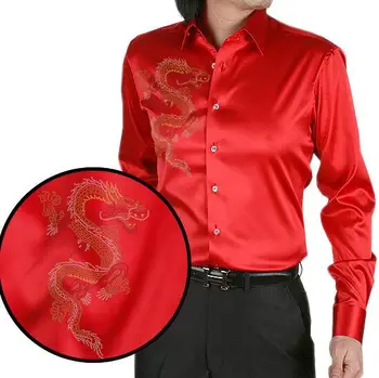Gri dragon chinezesc de imprimare bărbați cămașă de mătase casual barbati maneca lunga de vara rochie de mireasa tricou tricou de petrecere