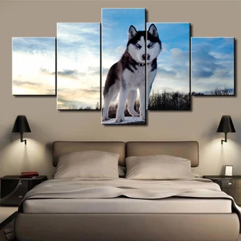 HD Imprimare Pictura Modular Imagini de Decorare Camera de zi 5 Panoul de Drăguț Câine Husky-Cadru Perete Poster de Artă Modernă Acasă Panza