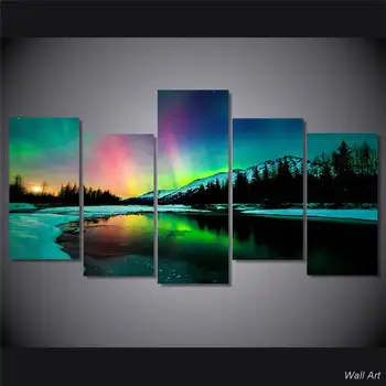 Hd Tipărite 5 Bucată de Pânză de Artă Aurora Lac de Munte Peisaj Pictura Camera de zi de Decorare Poster Transport Gratuit -92800-YP
