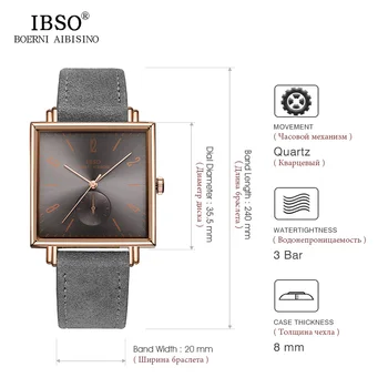 IBSO 8 MM Ultra-subțire Caz Pătrat Design Mens Ceasuri Curea de Piele de Lux de Moda Cuarț Ceas Barbati Ceas de Afaceri