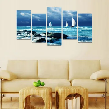Imagini HD Tipărite Tablou de Perete de Arta Canvas 5 Panoul de Naviga Alb Barci Pe Ocean Albastru Picturi Moderne Home Decor Modular Postere