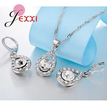 JEXXI Argint 925 Cubic Zirconia Nunta Seturi de Bijuterii Pentru Mirese Picătură de Apă de Femei Pandantive de Cristal Colier Cercei Set