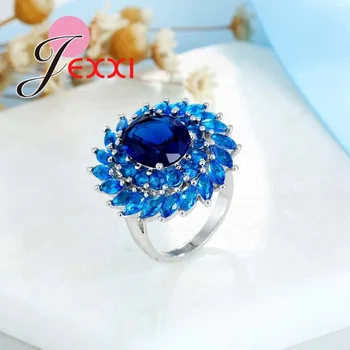 JEXXI de Lux Cristal Albastru de Floarea-soarelui Femei Deget Inelul Micro Inlay Integral Zirconiu Albastru Nunta Bijuterii de Mireasă Real Inel de Argint 925