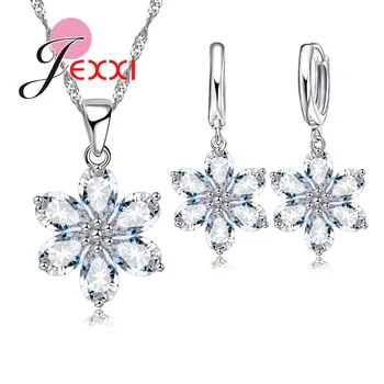 JEXXI Mare Vânzările de Bijuterii de Nunta Set Argint Culoare Zăpadă Floare de Cristal Pandantiv Colier Cercei Set pentru Femei Fete
