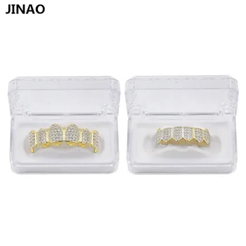 JINAO Hip Hop Dinți Grillz de Culoare de AUR si Argint Placat cu Micro Pave CZ Aur Fang Sus & Jos Dinți Gratare Vampiri Nava De la NOI