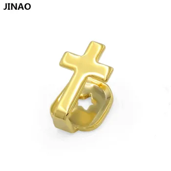JINAO Noua Culoare de Aur Placat cu Open face Singur Crucea & Top Gol Dinte Capace Lucioase Hip Hop polonez Dinți Grillz Jos Gratare Set