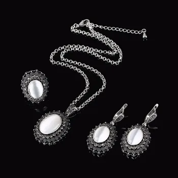 K Gadget-uri Ovale Naturale Piatra Opal Bijuterii Seturi de Antichități Argint Culoare Negru de zircon Pandantiv/Cercei/Inel de Nunta Set