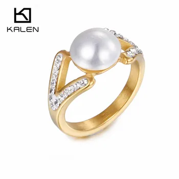 Kalen Plastic Ieftin Perla Inele Stras & Din Oțel Inoxidabil Columbia Culoare De Aur Elegant Deget Inel Pentru Femei Fals Verighetă