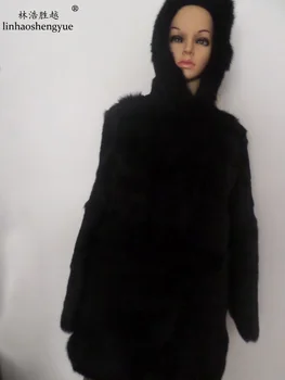 Linhaoshengyue Mult 75cm Real haină de blană de iepure cu gluga