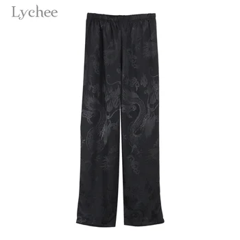 Lychee Stil Chinezesc Primavara Toamna Femei Pantaloni Dragon Broderie Buzunar Casual Pantaloni Largi Plat Plin Fleece Pantaloni