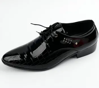 Mai ieftin de Lucru rochie pantofi barbati din piele de brevet Oxfords de afaceri de nunta negru pantofi dantela-up Subliniat toe din piele pu apartamente AB-25
