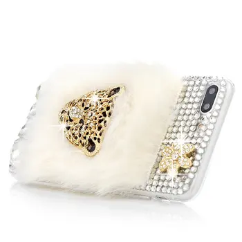 Manual Bling Cristal de Lux de Aur Cap de Leopard cu Blana de Iepure TPU Moale Caz de Telefon Acoperă pentru iPhone 4s 5 5s 6 6s 7 7 plus